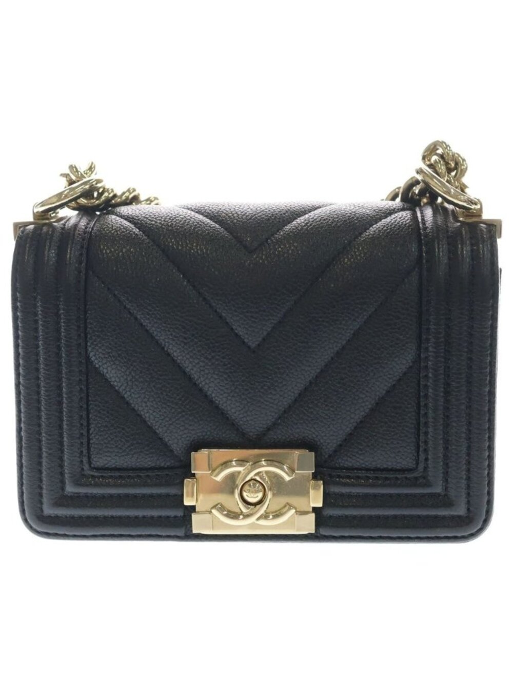 Chanel Boy Mini Chevron V-Stitch Caviar Leather Gold Chain Shoulder Bag Plate